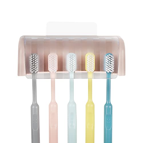 5 Slots Wall Mount Toothbrush Holder with Cover, Self Adhesive Toothbrush Storage Organizer for Shower, Toothbrush Hanger for Bathroom, Medicine Cabinet, Dorm (Pink) - color: Pink 1 Pack