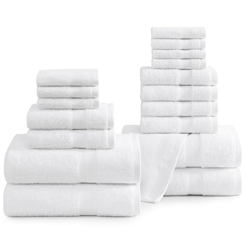 LANE LINEN Cotton Bath Towel Set 18 Piece - Super Soft, Absorbent & Quick Dry - 4 Bath, 8 Washcloths, 6 Hand Towels for Bathroom - Hotel Quality Turkish Towels, Ideal for Spa, Gym & Travel - White - color: 02: White, size: 18 Piece Towel Set