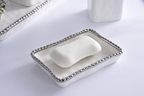 Pampa Bay VAN2720W Soap Dish with Silver Beads, 5.5-inch Length, Porcelain