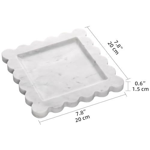 Square Marble Decorative Tray with Scalloped Edge,Luxury Natural Italian Stone Bathroom Vanity Tray, Dresser Top Perfume Coffee Home Sink Tray, Key Trinket Ring (Carrara White, 8 * 8) - color: Carrara White, size: 8" x 8" x 0.8"