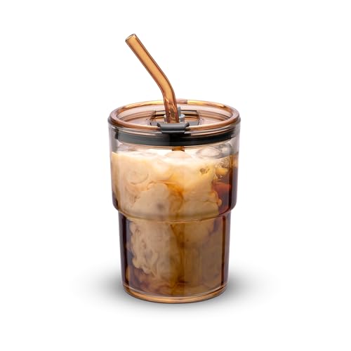 BLUEPOLAR 13oz/400ml Tumbler Water Glass, Cups with Straw and Lid Sealed Carry on for Coffee, Iced Tea, Thick Wall Insulated Glass Cup (Amber)… - color: Amber