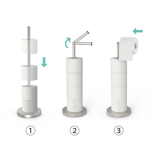 Free Standing Toilet Roll Holder Bathroom Storage, Rotatable Toilet Paper Holder Stand with Shelf, Brushed Nickel Floor Toilet Paper Rack Storage - color: Brushed Nickel