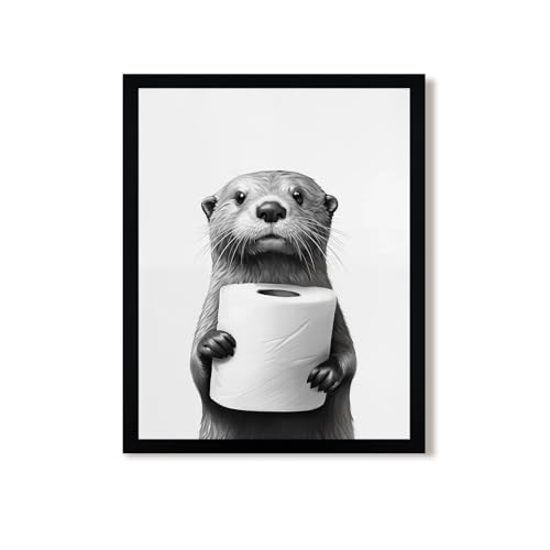 Urmoya Otter Holding Toilet Baper Funny Bathroom Decor Wall Art 8x10 in | Wood frame, Black and white bathroom decor, Otter with toilet roll print, Canvas print, Ready to hang - color: Otter, size: 10"L x 8"W