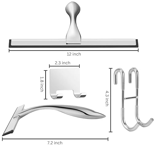 12'' Light Weight Stainless Steel Shower Squeegee for Glass Doors with 4 Pieces Set (1 Window Squeegee, 1 Door Hook and 2 Adhesive Hooks) Perfect Cleaning Tool for Car, Window, Bathroom Mirror