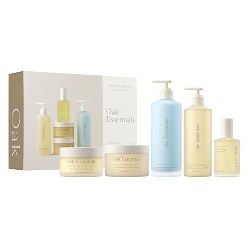 Oak Essentials The Body Routine, 5-Piece Body Care Set: Wash, Scrub, Lotion, Oil and Balm, Gift Set for Women, Full Sizes