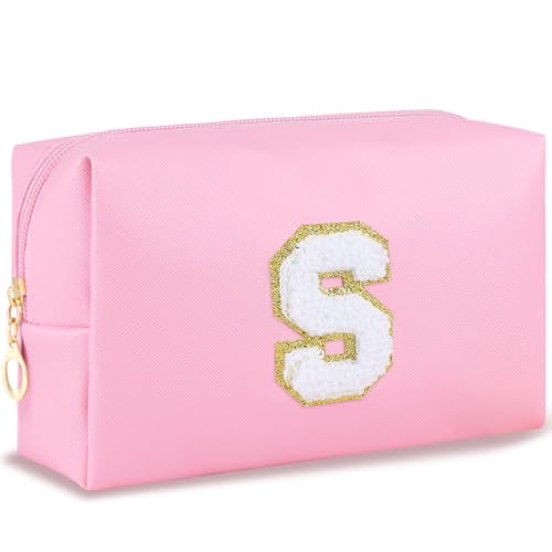 URSKYTOUS Patch Makeup Bag Travel Small Cosmetic Bag Pink PU Makeup Pouch Zippered Personalized Preppy Initial Skin Care Stuff Bag for Women Birthday Gift Teen Girl Gifts Trendy Stuff(S) - color: Pink, size: S
