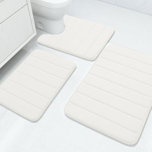 Buganda Memory Foam 3 Pieces Bathroom Rugs Set - Thick Soft Absorbent Bath Mats, Washable Small/Large/Contour Bath Rugs (24" x 16" + 30" x 20" + 24" x 20", Ivory) - color: Ivory, size: 24" X 16" + 30" X 20" + 24" X 20"