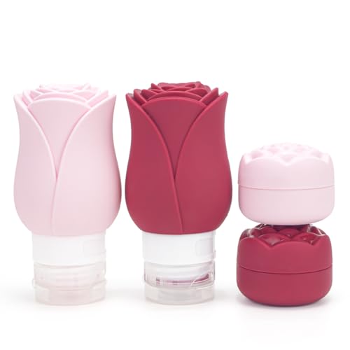 Travel Containers Bottle for Toiletry 4 Pack 3oz Leakproof TSA Approved & Refillable Mini Cream Jars, Silicone Squeeze Tube Rose Bottles for Shampoo Lotion Body Wash BPA Free +Bag, Red Pink Rose - color: Rose+Pink, size: 2 Bottles+ 2 Jars