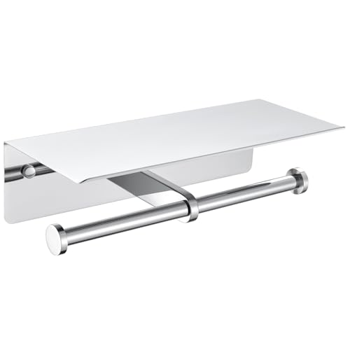 Double Toilet Paper Holder with Shelf Polished Chrome, APLusee SUS304 Stainless Steel Contemporary Bathroom Tissue Roll Holder Cell Phone Storage Rack - color: Polished Chrome, size: Double Rod