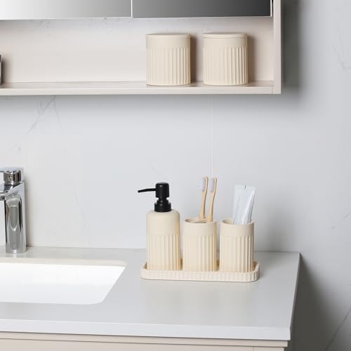 INIUNIK Bathroom Accessory Set - 6 Pieces Bathroom Accessories Set Complete with Soap Dispenser, Toothbrush Holders, Tumbler, Vanity Tray and 2 Qtip Holder for Home Organizer and Decor, Beige - color: Beige