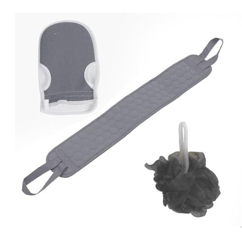 3 Pcs Exfoliating Bath Set with Back Scrubber Strap Shower Glove and Loofah Sponge for Deep Body Cleaning and Full Body Exfoliation(Grey) - color: Grey