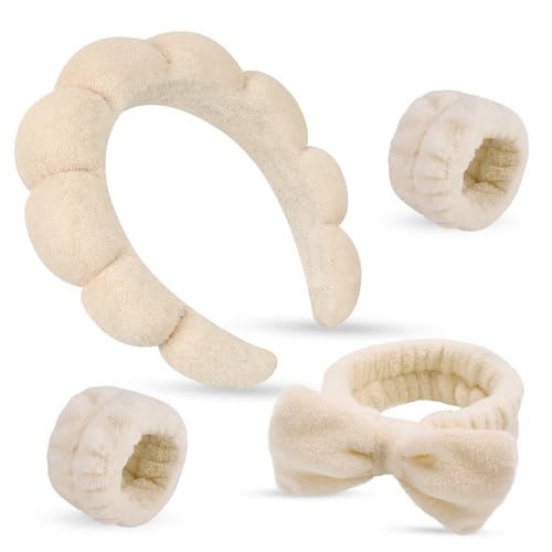 Face Washing Headband and Wristband Set, Khaki | Soft absorbent fabric, snug head-hugging fit for face washing, skincare, makeup, masks, travel, women and teen girls - color: Khaki