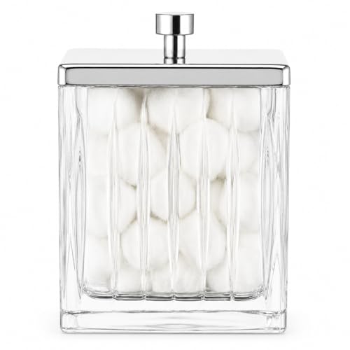 Vince Camuto Home Glass Cotton Jar Holder – Silver Lid, Elegant Bathroom Storage Canister for Qtips, Cotton Balls, Floss, Makeup Organizer, Vanity & Bathroom Organization - color: CLEAR GLASS SILVER LID