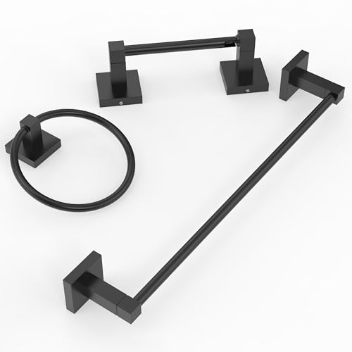 RUACQ 3 Pieces Bathroom Hardware Set, SUS 304 Stainless Steel Toilet Paper Holder, Towel Ring, 18-inch Towel Bar Set, Wall Mounted, Heavy Duty (Matte Black) - color: Matte Black, size: 3pcs