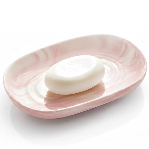 OTHIX Ceramic Soap Dish with Unique Marble Texture, Decorative Bar Soap Holder for Bathroom and Kitchen, Cute Soap Dishes for Bar Soap, Jewelry, Ring (Pink Texture) - color: Pink Texture