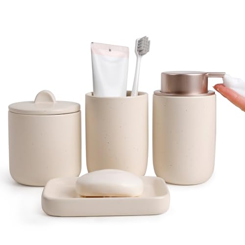 BosilunLife Apricot Bathroom Accessories Set - Ceramic Bathroom Accessories Sets Complete Foaming Soap Dispenser and Toothbrush Holder Set, Soap Dish, Qtip & Cotton Ball Holder Modern Bathroom Set - color: Smooth-apricot-foam