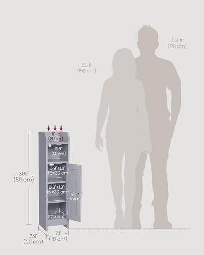 VASAGLE Small Storage Corner Floor Cabinet with Door, 7.9 x 7.1 x 31.5 Inches, Narrow Toilet Paper Storage Holder, Adjustable Shelves, for Bathroom, Living Room, Small Spaces, Dove Gray UBBC310P36 - color: Dove Gray, style: 1door+1open compartment (31.5"H