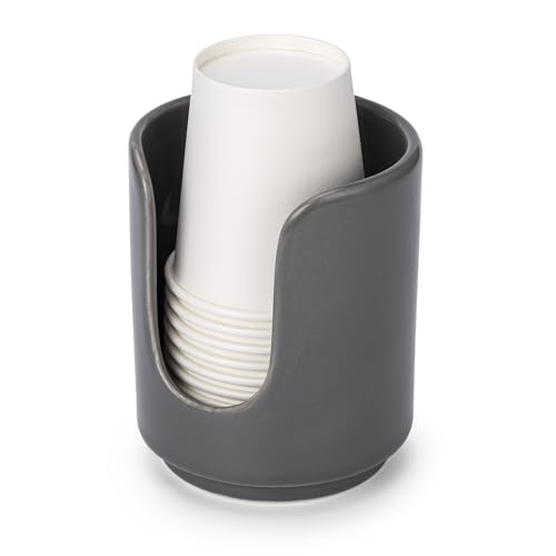 3 oz Original Ceramic Bathroom Cup Dispenser with 5 PLA Paper Cups, Bathroom Essential Accessories for Mouthwash Holder on Bathroom Vanity Countertops (1 Pack, Grey) - color: Grey, size: 1 Pack