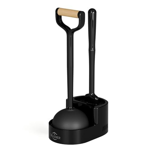 Sellemer Toilet Brush and Plunger Set, Curved Head for Deep Cleaning, Black | Brush and Plunger set, Curved Nylon Bristles for Deep Clean, Strong Suction Plunger, Ventilated Holder for Quickly Air Dry - color: Black
