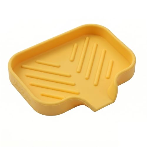 MicoYang Silicone Soap Dish with Drain Spout, Self-Draining Sink Organizer Tray for Bathroom and Kitchen, Sponges, Dispensers and Soap Holder, Non-Slip & Dishwasher Safe, Yellow (Compact, 4.9"×3.2") - color: Yellow, size: S(4.9"×3.2")