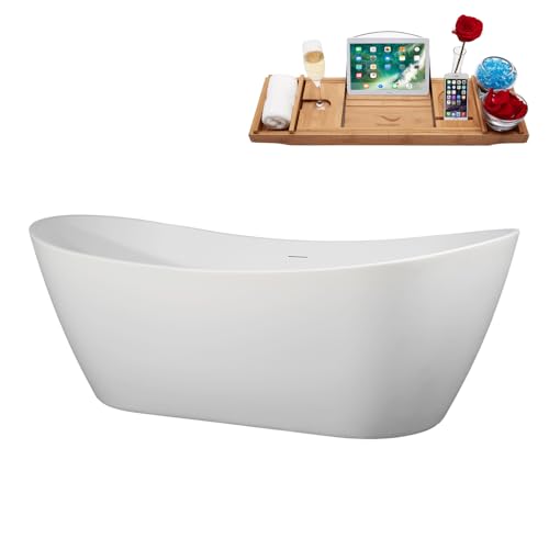 Streamline 75" Freestanding Soaking Bathtub – Glossy White Acrylic Tub with Matte Black Internal Drain and Bamboo Tray – Modern Luxury Design – 85-Gallon Capacity