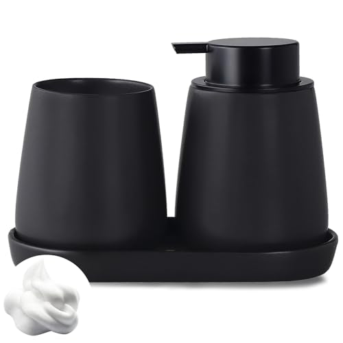 Matte Black Bathroom Accessory Set - 3pcs Ceramic Soap Dispenser Set Vanity Countertop Accessories Set, Includes Refillable Foaming Hand Soap Dispenser, Toothbrush Holder and Tray (Foam Pump) - style: Black Set - Foam Pump