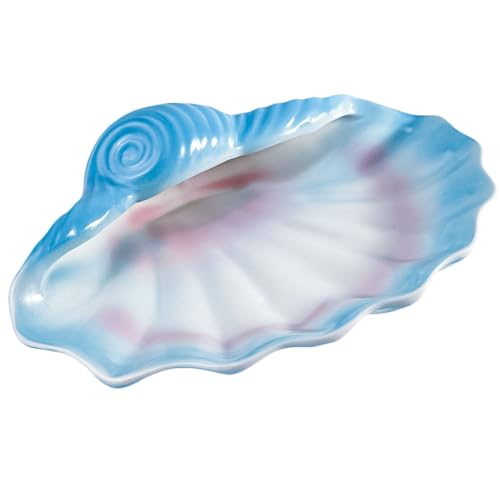 Ceramic Shell Soap Dish (7.7 x 5.3 in), Seashell Soap Holder Tray for Bathroom Shower Sink, Blue Shell Trinket Tray for Jewelry Rings Keys, Vanity Counter Organizer