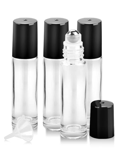 Worldgsb 4 Pack Essential Oil Roller Bottles, 10ml Refillable Clear Glass Roller Bottles with Stainless Steel Roller Balls and Caps for Travel, Perfume and Lip Gloss - color: Clear, style: 4 Pack