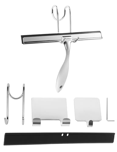 All-Purpose Stainless Steel Shower Squeegee Come with S Hook, 2 Square Sticky Hook 2 Rubber Strips Shower Squeegee for Glass Doors, Windows, Mirrors, Tiles and Car Glass -12 Inches Silver - size: 12"Wx 7.09"H