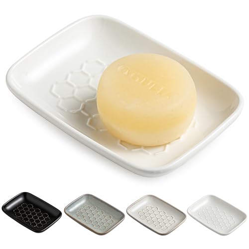 Gomakren Soap Dish for Shower, Ceramic Bar Soap Holder with Honeycomb Design, Soap Saver Tray for Bathroom Kitchen Sink, Sponge & Organizer Tray, Upscale Look, 5.5 Inch, White - color: White, size: Honeycomb