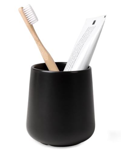 BosilunLife Bathroom Toothbrush Holder - Ceramic Toothbrush Cup Holder 13Oz White Toothbrush Holder for Bathroom Toothbrush and Toothpaste Holder for Bathroom Vanity Countertop, Ideal for Home, Hotel - color: Black-rb, size: rounded base