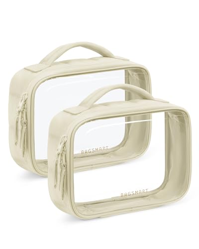 BAGSMART 2 Pack Clear Toiletry Bag, Puffy Edges TSA-Approved Travel Toiletry Bag, Large Opening with Handle, Cosmetic Organizer with Double Zipper for Women - color: Beige, size: 2Pack
