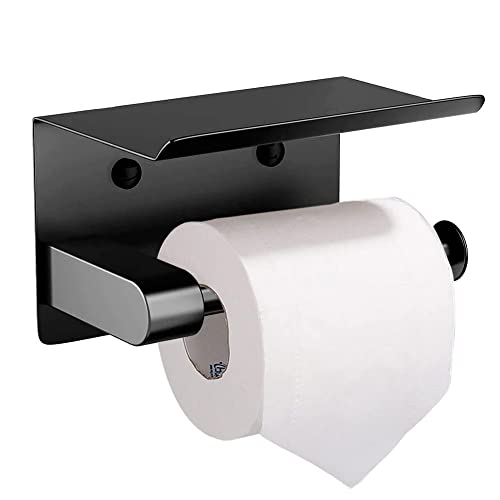 Self Adhesive Toilet Paper Holder with Phone Shelf Stainless Steel（Black Wall Mounted Toilet Paper Roll Holder - Rustproof and Bathroom Washroom Tissue Roll Holder with Storage Shelf, GZJJ-1 - color: Black