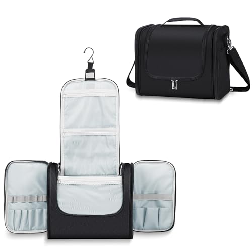 Buruis Extra Large Toiletry Bag for Women and Men, Hanging Travel Bag with Detachable Shoulder Strap for Full-Sized Toiletries, Water-Resistant Dopp Kit for Family Use and Long Trips, Black - color: Black, size: Extra Large