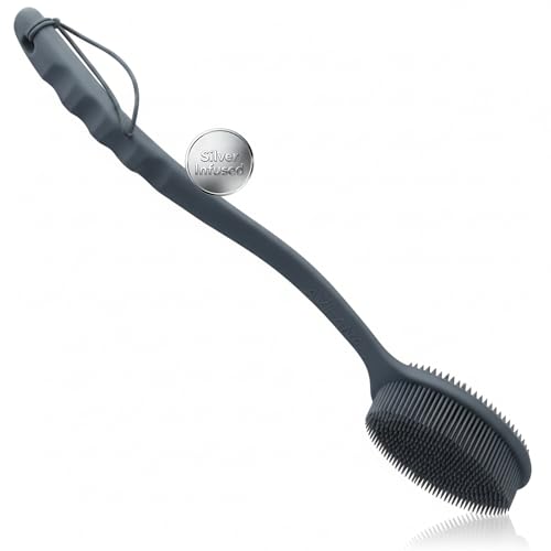 Avilana Silicone Body Scrubber for Shower – SGS Certified Food Grade Dual Sided Bath Brush, Gentle Exfoliating Silicone Loofah Alternative, Sensitive Skin Body Brush (Dark Gray-Silver, Long Handle) - color: Dark Gray-silver, size: 19 inches