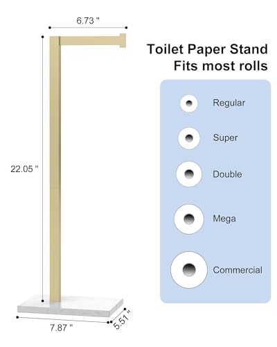 Toilet Paper Holder Stand Brushed Gold SUS 304 Stainless Steel Rustproof Free Standing 22 Inch Rotating Bathroom Tissue Roll Holder for 4 Rolls with Marble Base by HOMEMYSTIQUE - color: Brushed Gold