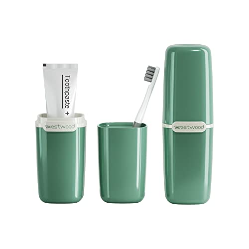 HyJeryty Simple Green Toothbrush Travel Case, Portable Travel Toothbrush & Toothpaste Holder Cover Organizer Container with Mouthwash Cup for School, Camping, Business Trip, Bathroom Storage - color: Green