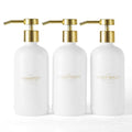Shampoo and Conditioner Dispenser Set of 3,Refillable 20.5OZ Shampoo Bottles with Non-Slip Protective Silicone Pad,Shower Soap Dispenser with Waterproof Labels for Bathroom (White) - color: White Bottles + Gold Pumps