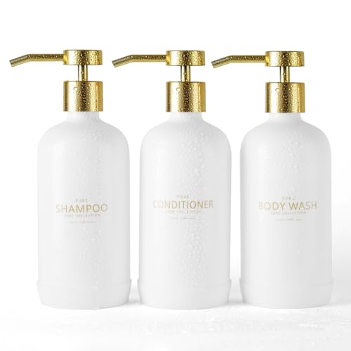 Shampoo and Conditioner Dispenser Set of 3,Refillable 20.5OZ Shampoo Bottles with Non-Slip Protective Silicone Pad,Shower Soap Dispenser with Waterproof Labels for Bathroom (White) - color: White Bottles + Gold Pumps