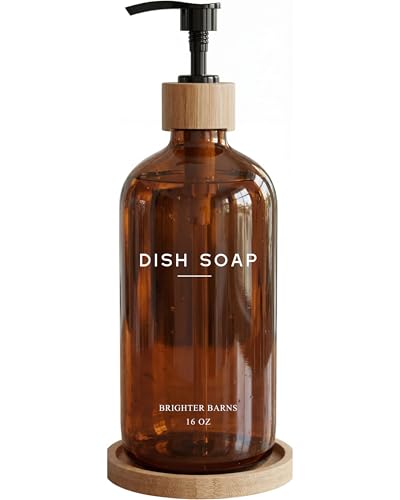 Amber Glass Dish Soap Dispenser for Kitchen Sink by Brighter Barns - Kitchen Soap Dispenser Set with Tray - Glass Bottle with Pump for Liquid - Boho Home Decor and Accessories for Restaurant (Amber) - color: Amber D