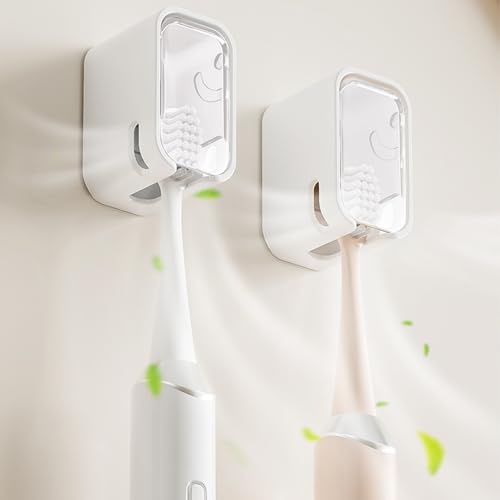 2 Pack Toothbrush Holders for Bathroom, Self Adhesive Wall Mounted Toothbrush Holder with Cover, Single Toothbrush Dispenser Storage Organizer for Family, Travel, Waterproof and Dustproof (White) - color: White