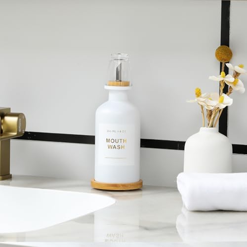 11.8OZ Mouthwash Dispenser for Bathroom with Bamboo & Stainless Steel Pour Spout, Mouthwash Cup Reusable, Bamboo Tray, and Elegant Gold Label. （White - color: White/350*1