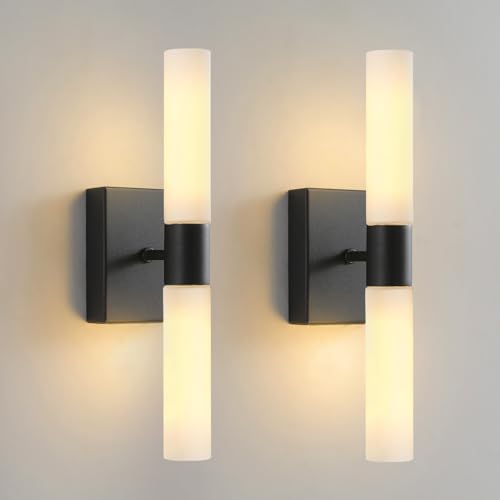 KUZZULL Wall Sconces Set of Two Matte Black Modern Bathroom Sconces Lighting Set of 2 Frosted Glass Shade Indoor Wall Lamp Wall Mounted Lights Metal Wall Light Fixtures for Living Room Stairs - color: matte black frosted