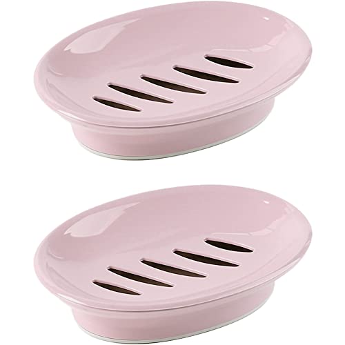 WYOK 2-Pack Soap Dish with Drain Plastic Sponge Holder Easy Cleaning Soap Saver Tray Caddy Keep Dry Stop Mushy for Shower Bathroom Kitchen(Pink) - color: Pink