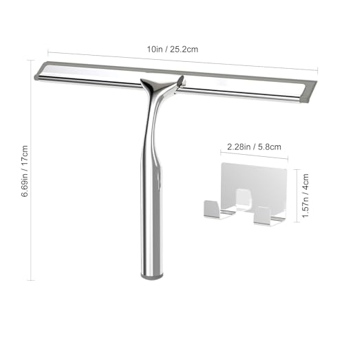 Shower Squeegee for Glass Doors, Stainless Steel Shower Squeegee for Bathroom, Window and Tiles, All-Purpose Squeegee with Adhesive Hook-10”, Chrome - color: Chrome, size: 10