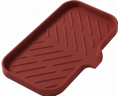 MicoYang Silicone Soap Dish with Drain Spout — Self-Draining Sink Organizer Tray for Bathroom & Kitchen, Sponges, Dispensers & Soap Holder, Non-Slip & Dishwasher Safe, Red (Medium, 9.6"×5.3") - color: Red, size: M(9.6"×5.3")