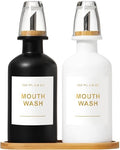 11.8OZ Mouthwash Dispenser for Bathroom with Bamboo & Stainless Steel Pour Spout, Mouthwash Cups Reusable, Bamboo Tray, and Elegant Gold Label. Set of 2（Black/White - color: Black/White/350*2