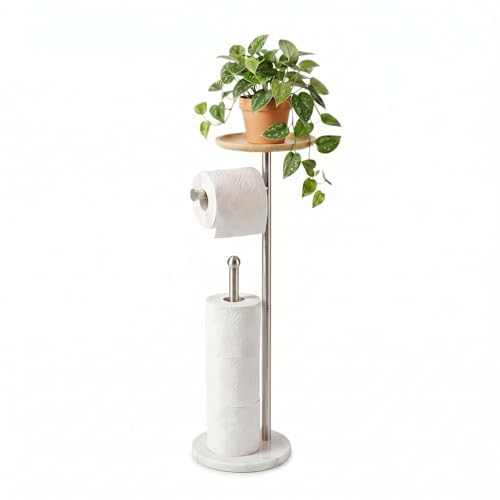 Toilet Paper Holder Stand with 7.9" Big Bamboo Tray, 2.2Lbs Heavier Marble Base, Floor Standing Paper Holder Stand with Phone Shelf, Reserve for 4 Rolls (Brushed Nickel) - color: Brushed Nickel