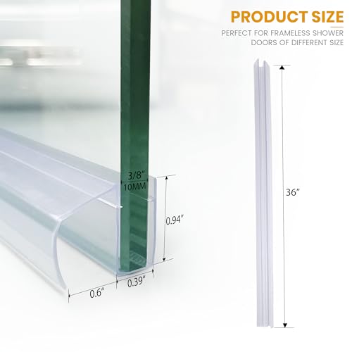 Bathroom Shower Glass Door Bottom Seal Strip, 2PCS 36 Inch Long Clear PVC Seal Strips for 3/8"(10mm) Thick Framless Glass Door Panel - style: 3/8"(10mm) X 36"