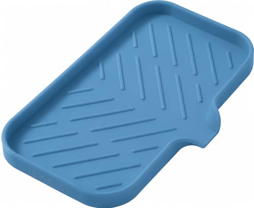 MicoYang Silicone Soap Dish with Drain Spout — Self-Draining Sink Organizer Tray for Bathroom & Kitchen, Sponges, Dispensers & Soap Holder, Non-Slip & Dishwasher Safe, Lichen Blue (Medium, 9.6"×5.3") - color: Lichen Blue, size: M(9.6"×5.3")